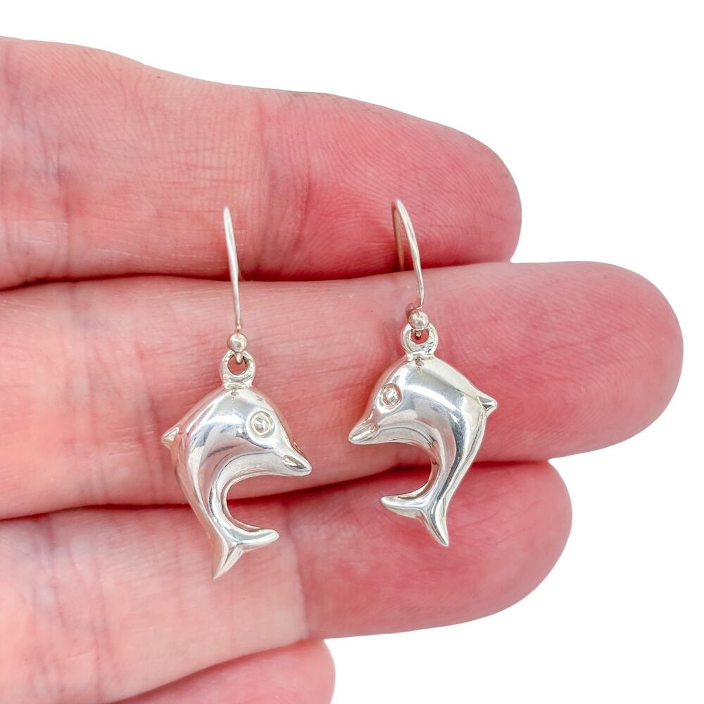 Vintage Sterling Silver 925 Dolphin Dangle Earrings